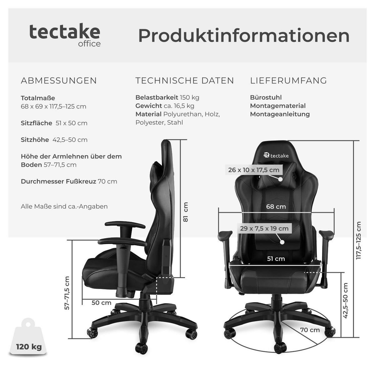 RACING-GAMINGSTUHL Twink,Belastbarkeit 120 kg,schwarz - Schwarz, Textil (68/125/69cm) - tectake
