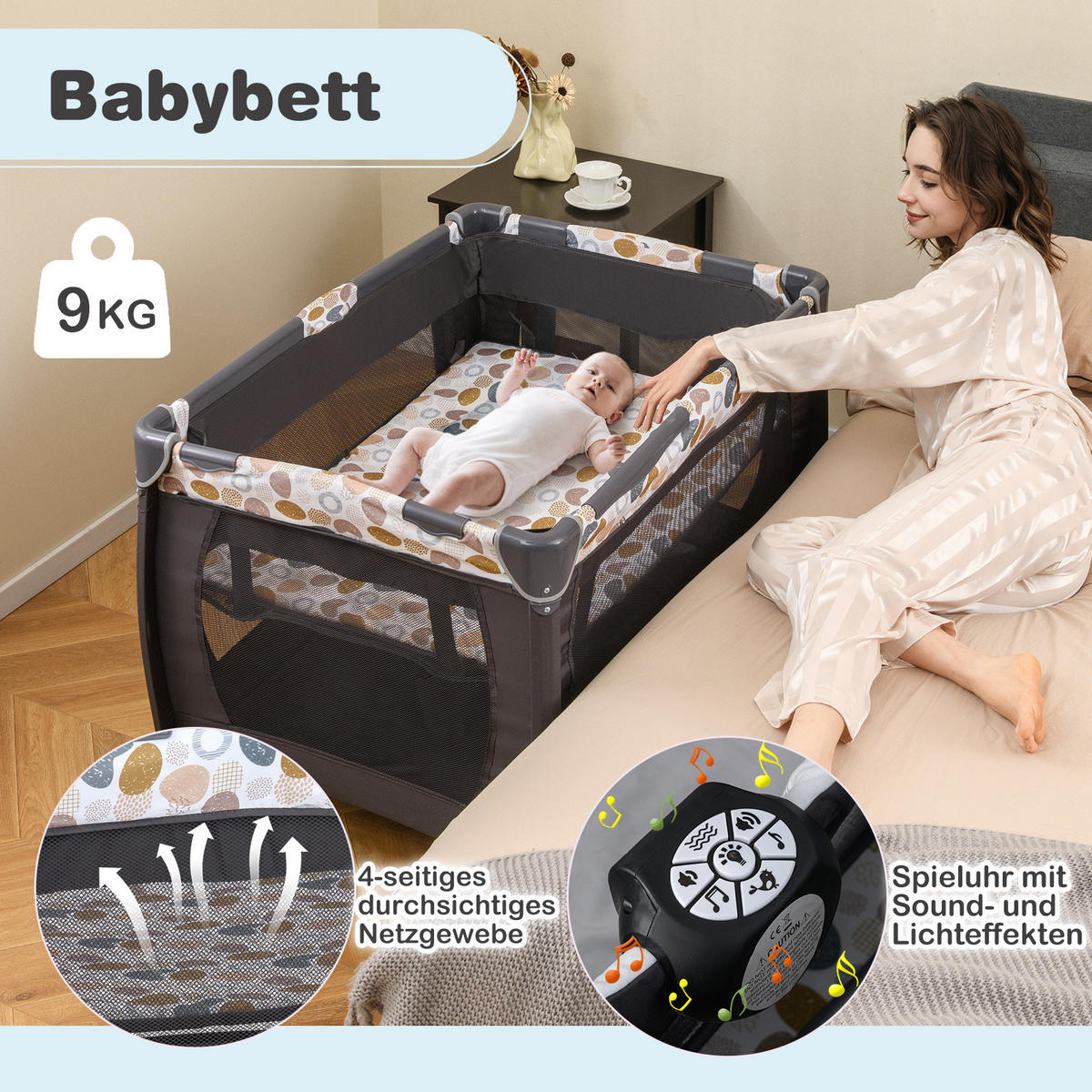 BABYBETT mit Matratze blau - Blau, Textil - COSTWAY