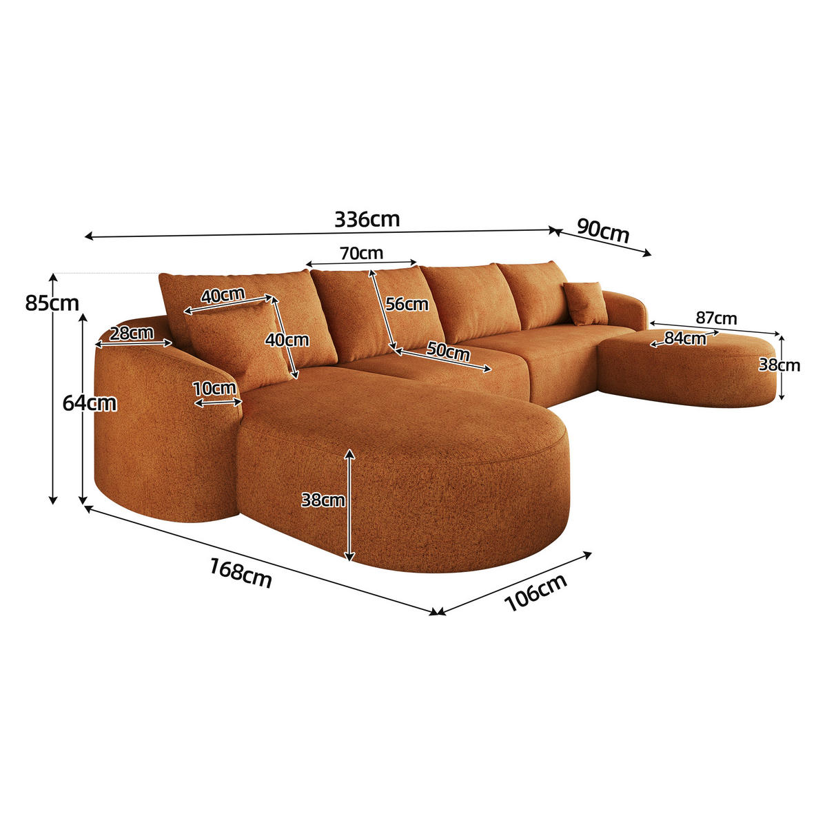 WOHNLANDSCHAFT Links, 3-Sitzer U-Form 336 cm ohne Montage, DE-34817, Orange - Orange, Textil (336/85/168cm) - ComfortXL
