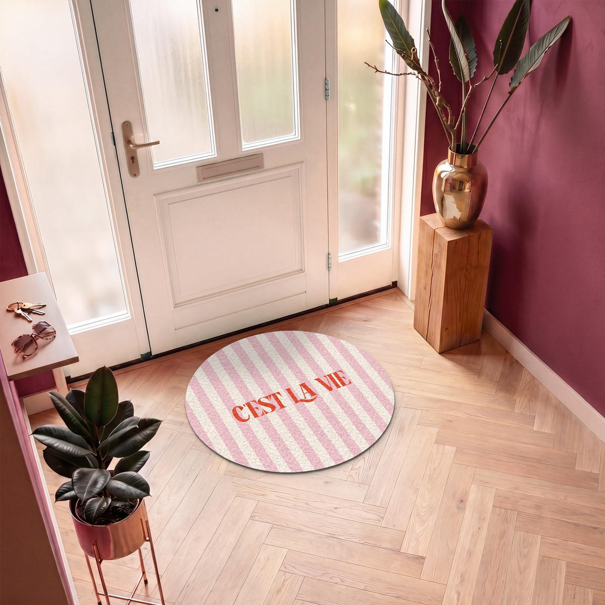 FUSSMATTE Zartrosa – Rot – Streifen – C'est La Vie 90x90 cm - Rosa, Kunststoff (90/0.4cm) - MuchoWow