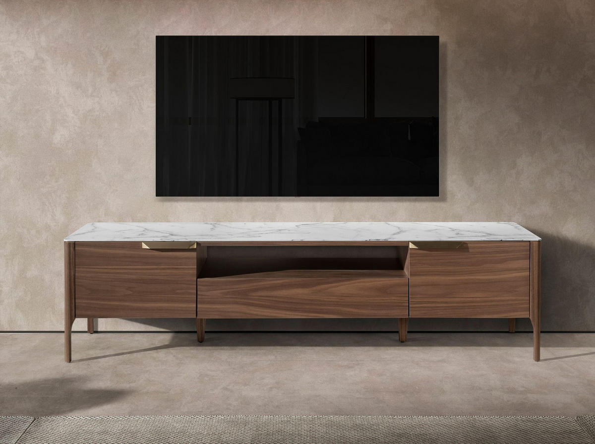 TV-ELEMENT TV-Ständer aus Nussbaumholz mit Glasplatte aus Marmorimitation 180/45/50 cm - Edelstahlfarben/Walnussfarben, Holz/Stein (180/50/45cm) - ANGEL CERDA