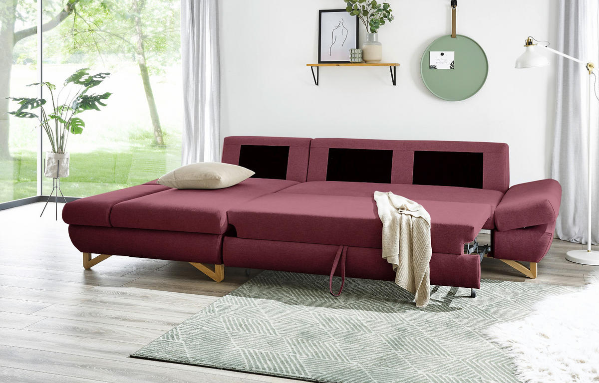 ECKSOFA bordeaux Velours, Sofa mit Bettfunktion und Stauraum 284 cm - Bordeaux, Holz/Textil (166/284cm) - Furn.Design