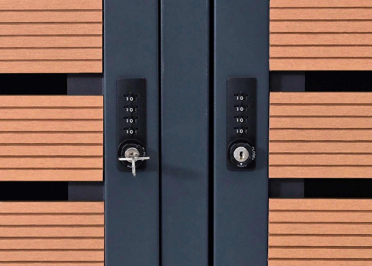 MÜLLTONNENBOX 3er HxBxT 119x205x84cm Teak-Optik WPC Metall 109kg - Teakfarben, Metall (205/119/84cm) - PROREGAL