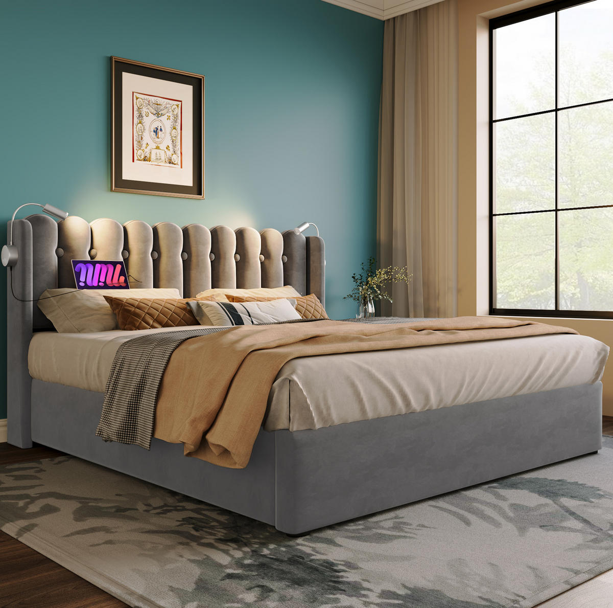 POLSTERBETT 140/200 cm grau mit Leselampe und Ladefunktion Ohne Matratze - Grau, Textil (140/200cm) - OKWISH