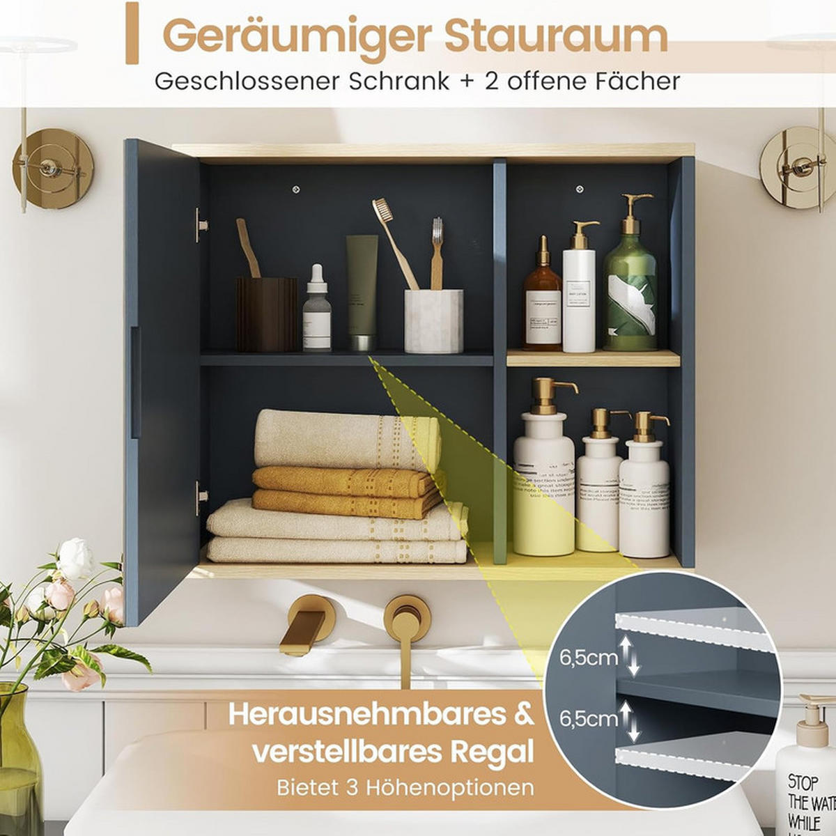 SPIEGELSCHRANK BAD mit verstellbarer Ablage grau - Grau, Holzwerkstoff (60/50/20cm) - COSTWAY