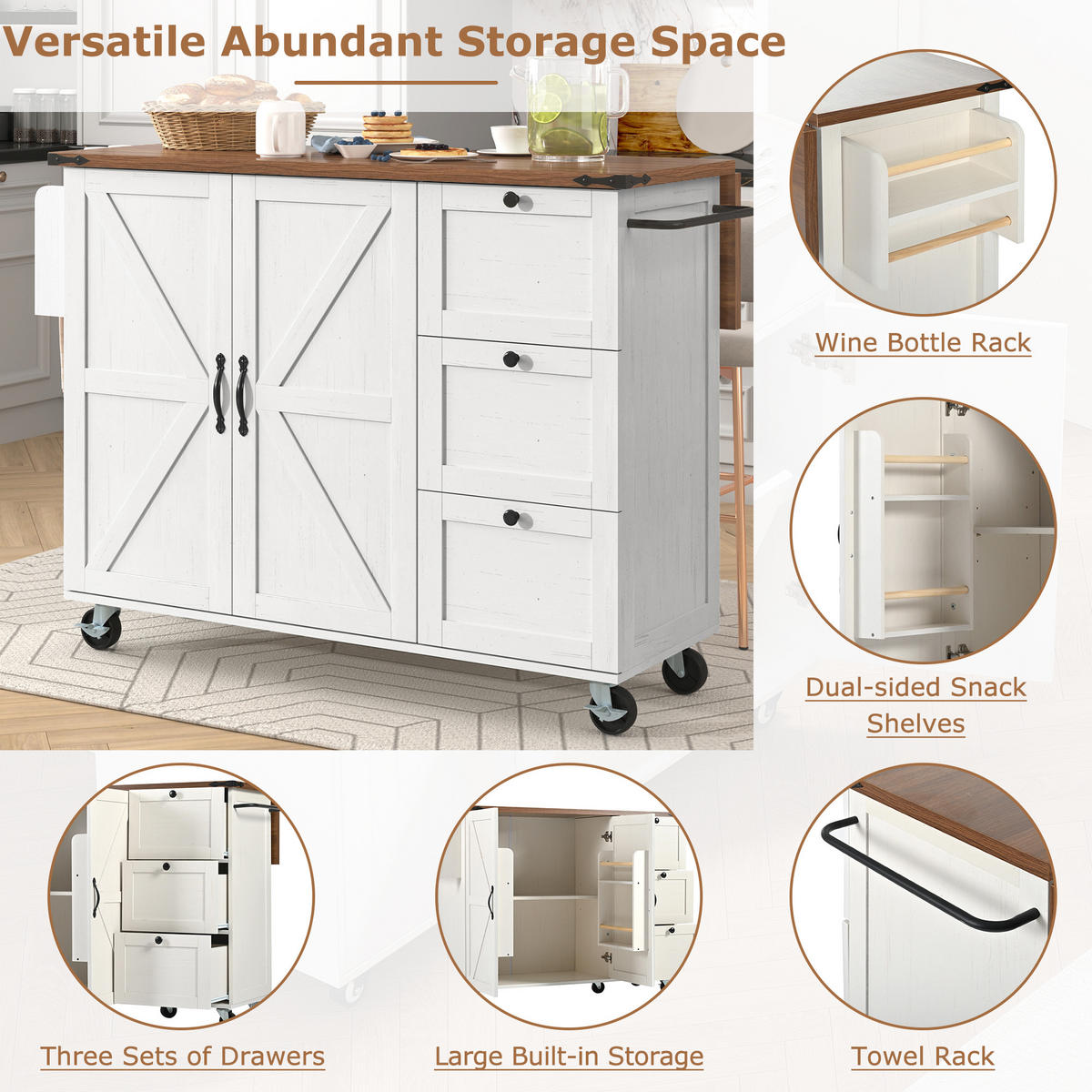 KÜCHENINSEL in Weiß und Naturfarben Servierwagen mit Schubladen für Küche und Esszimmer, B140/T45/H92.5 cm - Beige, Holzwerkstoff/Metall (140/92.5/73cm) - STILVORA