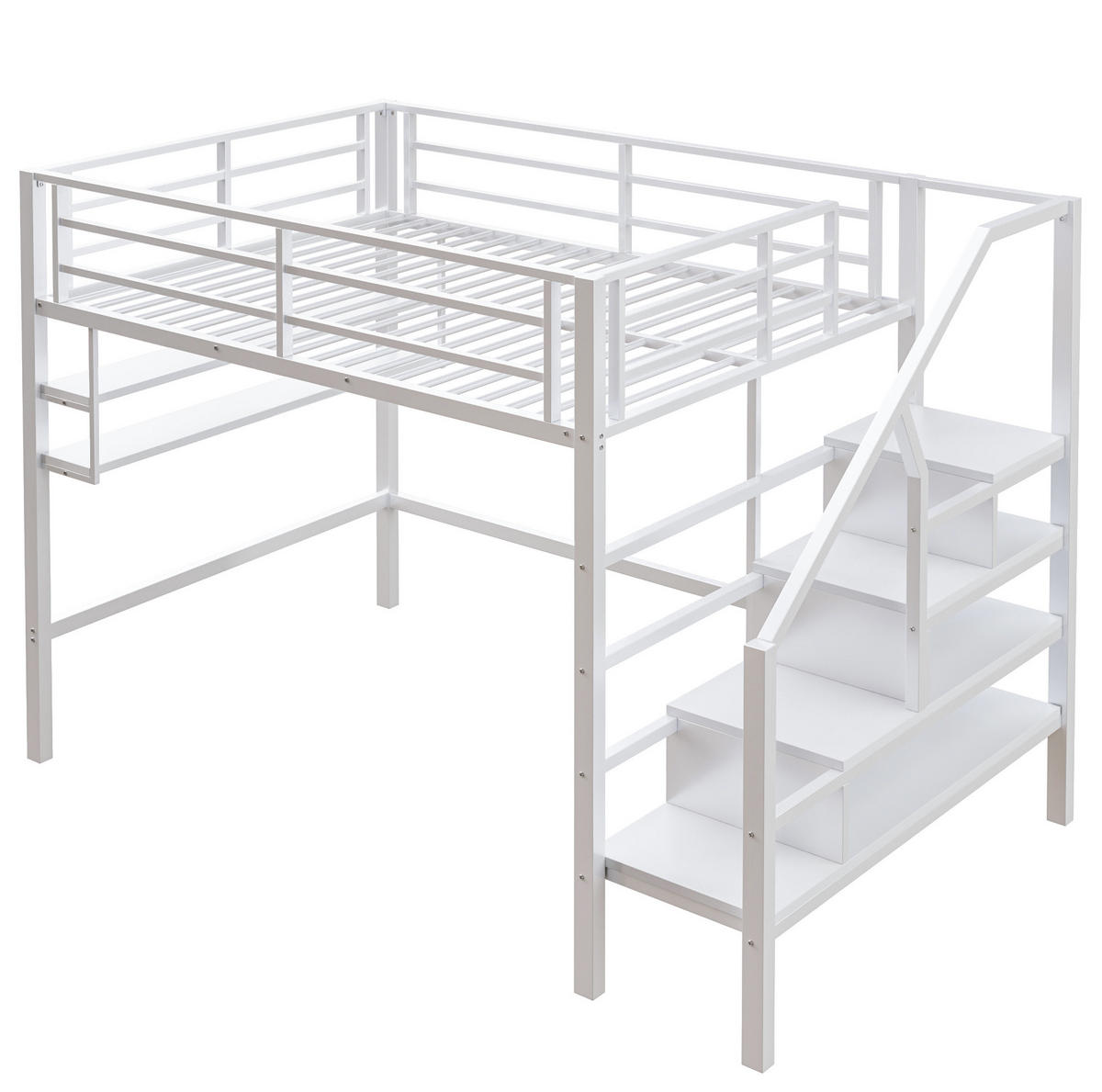 HOCHBETT aus Metall 140x200 cm in Weiß mit Stauraumleiter & Regalen - Weiß, Metall (140/200cm) - Modfu