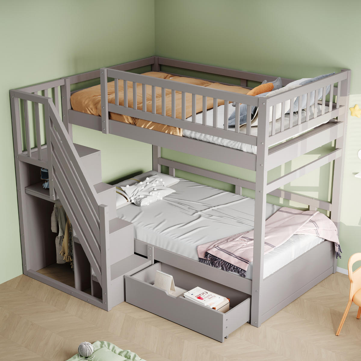 ETAGENBETT 90/200 cm aus Kiefernholz mit Treppe und Stauraum Grau - Grau, Holz (90/200cm) - Modenvie
