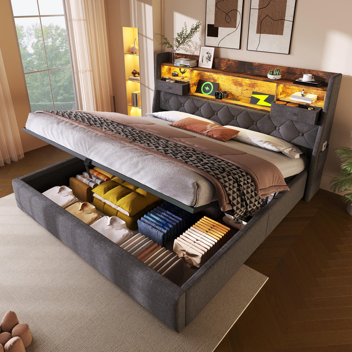 POLSTERBETT 140/200 cm Grau mit hydraulischem Stauraum und LED-Kopfteil mit Matratze - Grau, Textil (140/200cm) - OKWISH