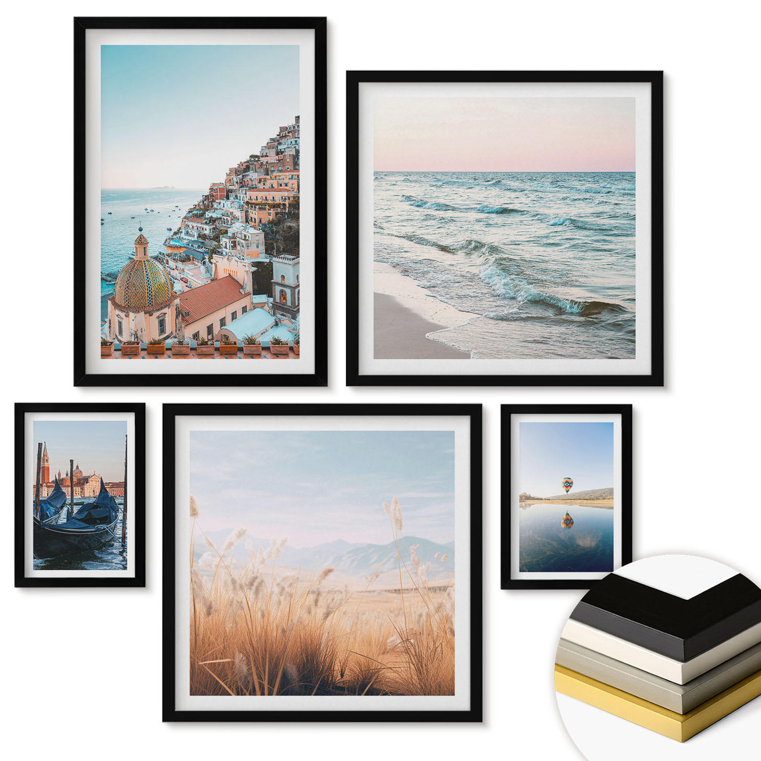 WANDBILDER 5er-Set - 50x50 cm & 20x30 cm & 40x60 cm Schwarzer Rahmen - Vögel im Flug, Himmel, Mond - Schwarz, Kunststoff (40/60cm) - ArtPrintCave