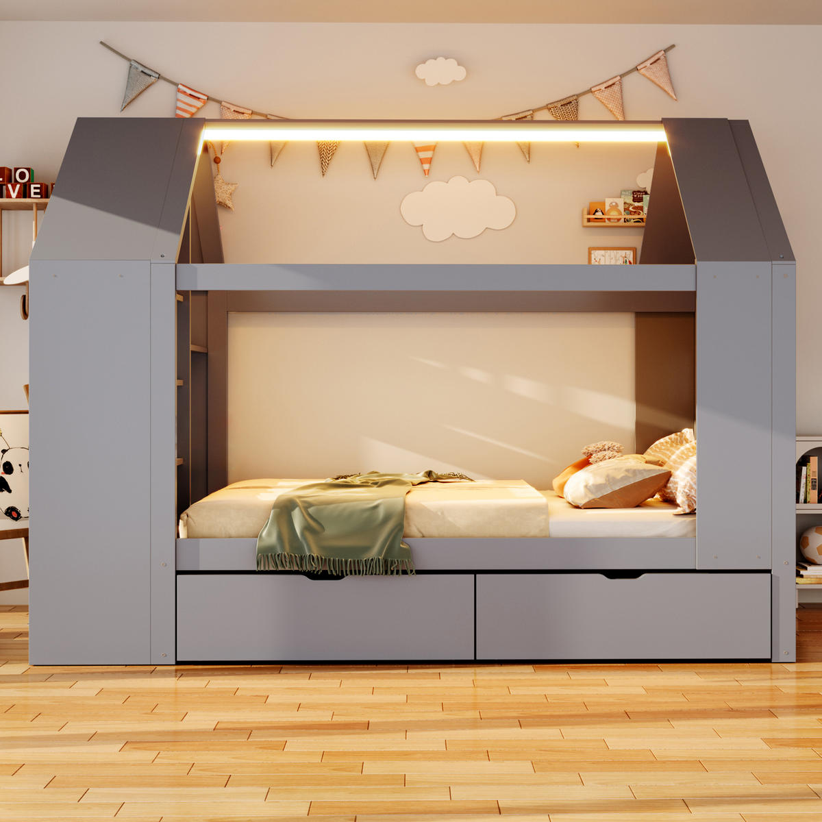KINDERBETT 90x200 Hausdesign LED Schubladen Grau - Grau, Holz (90/200cm) - FLIEKS
