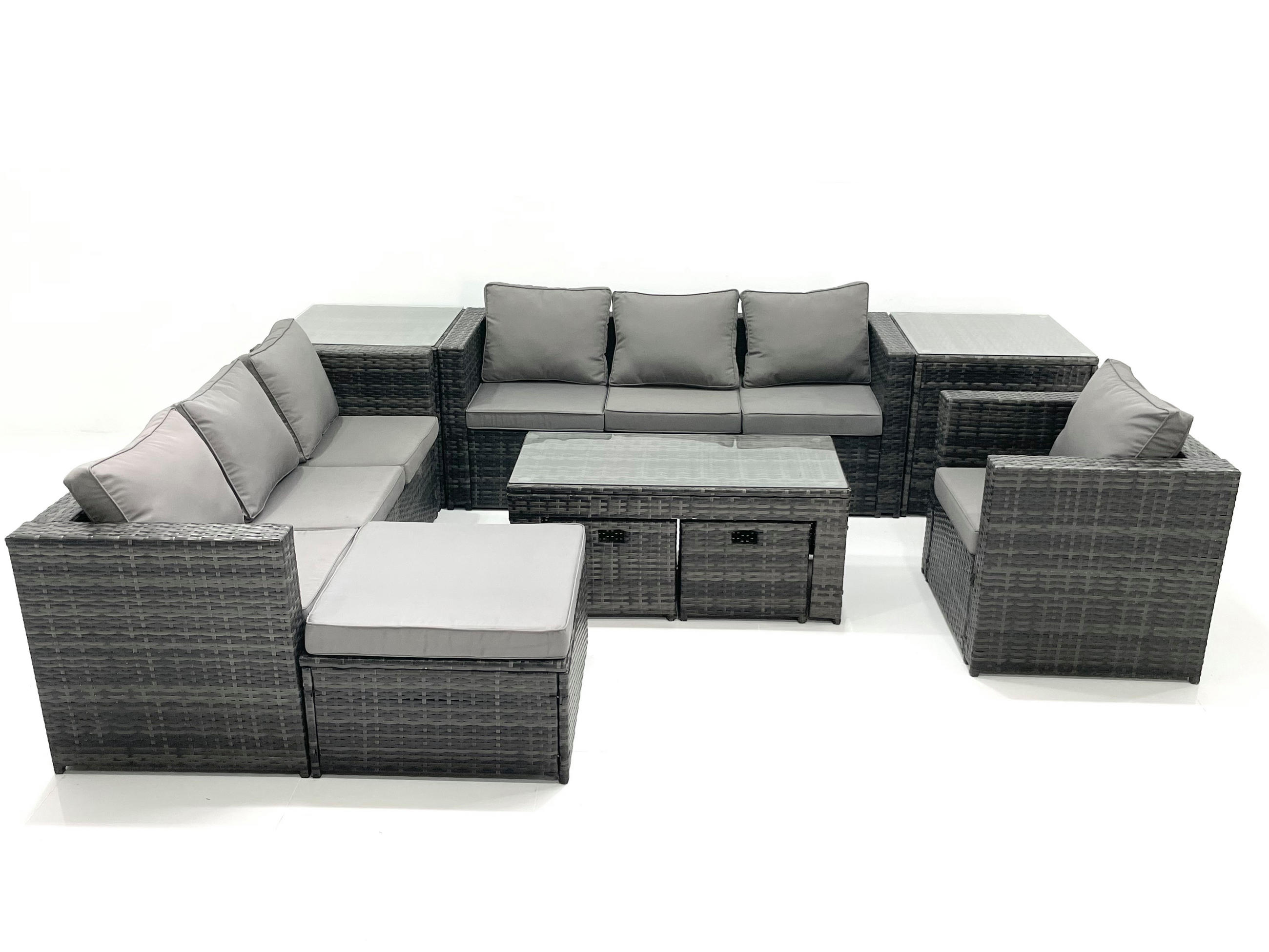 GARTENMÖBEL-SET COUCHTISCH SESSEL SOFA mit HOCKER Polyrattan Dunkelgrau Gemischt 10-Sitzer - Dunkelgrau/Grau, Glas/Kunststoff - Fimous