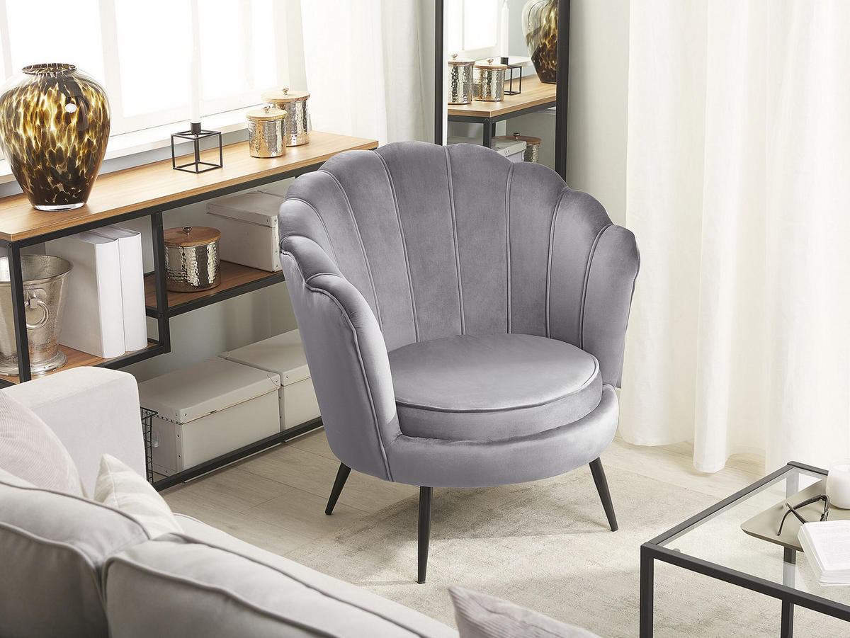 SESSEL Samtstoff grau/schwarz Muscheldesign Lovikka - Schwarz/Grau, Textil (79/85/77cm) - Beliani