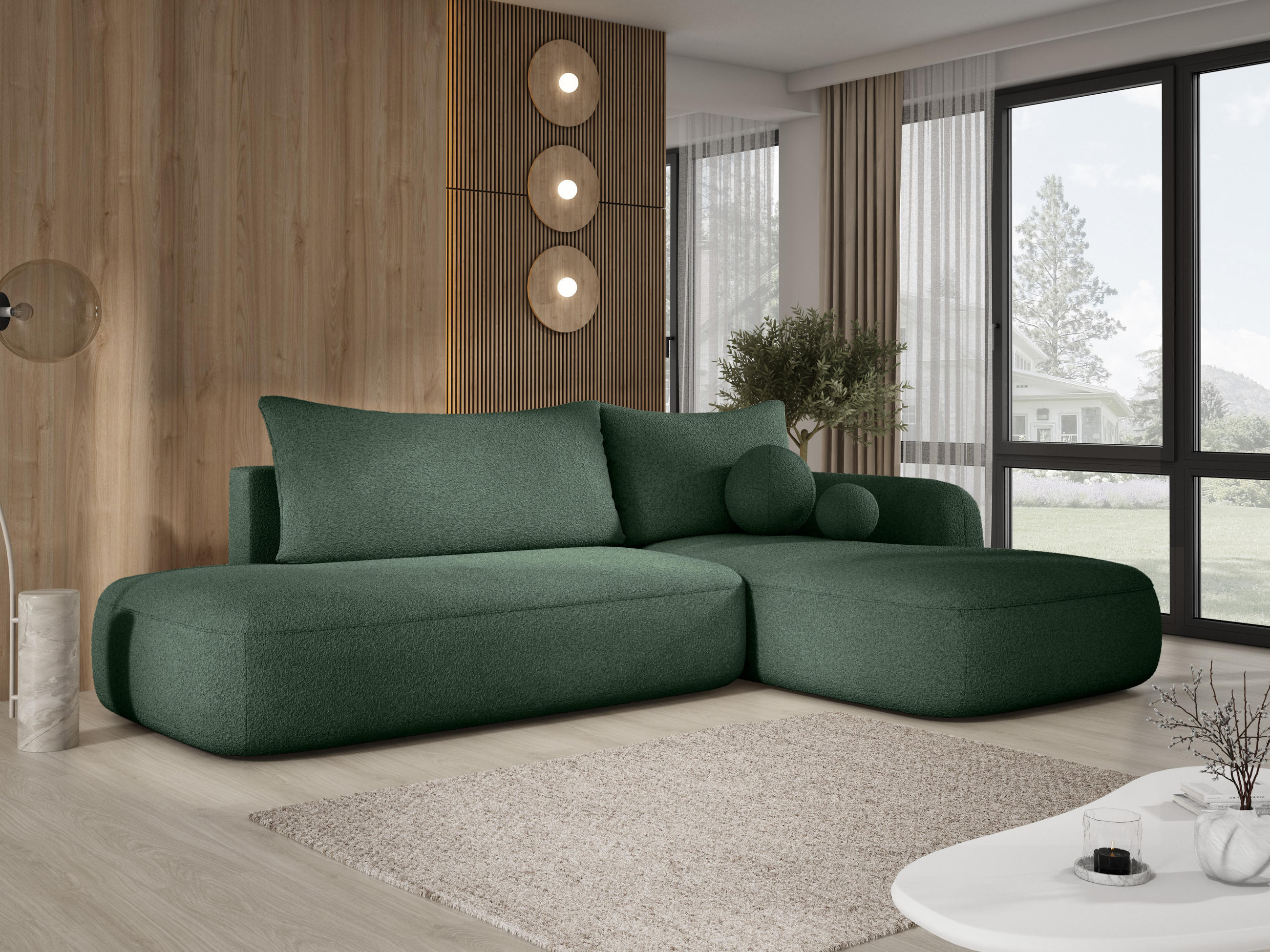 ECKSOFA BABU mit Schlaffunktion, Moderne Polsterecke für Wohnzimmer, funktionales Schlafsofa im Stoff NOW OR NEVER, 300x105x60cm rechte, grün​ - Waldgrün, Holz/Textil (300/190cm) - DomoHome