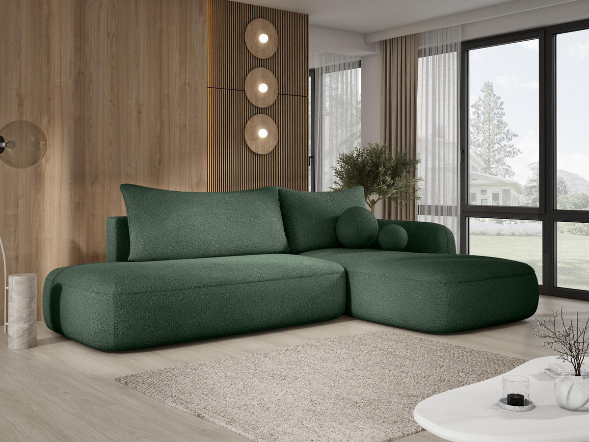 ECKSOFA BABU mit Schlaffunktion, Moderne Polsterecke für Wohnzimmer, funktionales Schlafsofa im Stoff NOW OR NEVER, 300x105x60cm rechte, grün​ - Waldgrün, Holz/Textil (300/190cm) - DomoHome