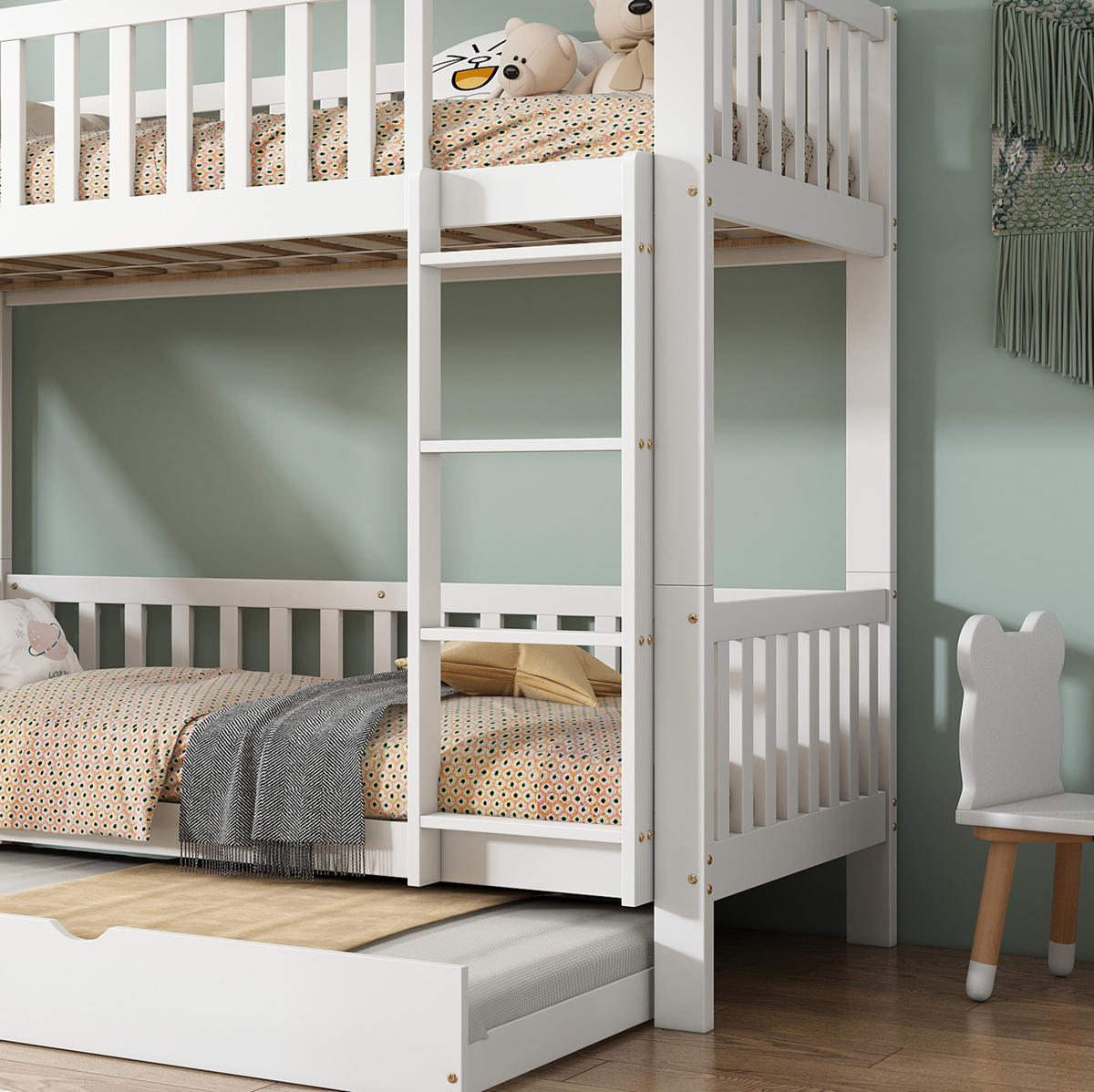 ETAGENBETT 90/200 cm mit Rollbett, Rutsche und Fallschutzgitter - Weiß, Holzwerkstoff (90/200cm) - OKMYHOME