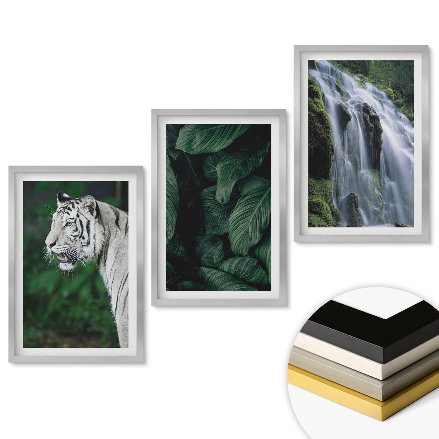 WANDBILDER 3er Set - 40x60 cm Silberner Rahmen - Wasserfall aus weißen Tigerblättern - Silberfarben, Kunststoff (40/60cm) - ArtPrintCave