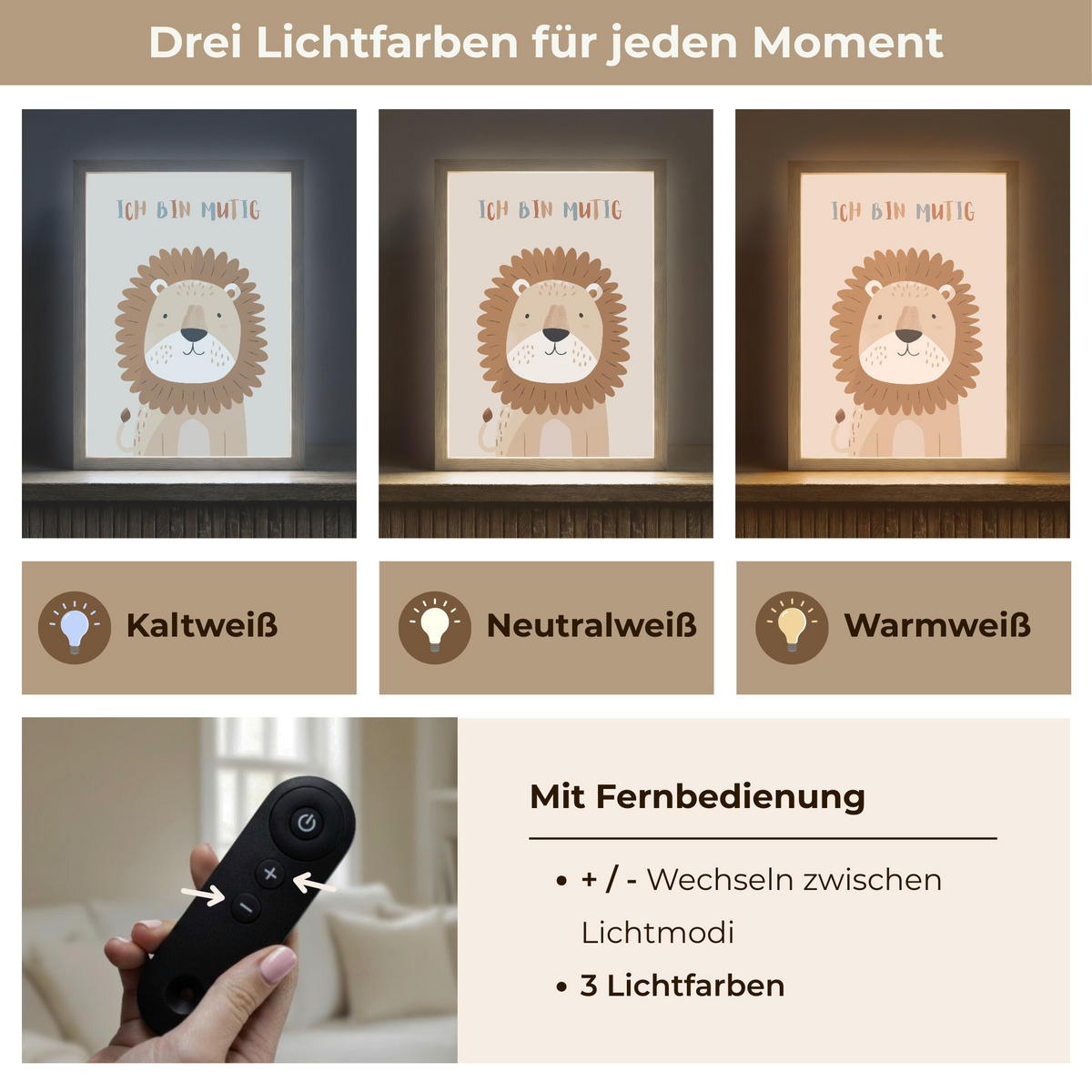 WANDLEUCHTE MIT AKKU Löwe - Beige - Tier - Mutig - Zitat 30x40 cm - Beige, Holzwerkstoff (30/40/8cm) - OnlyWow