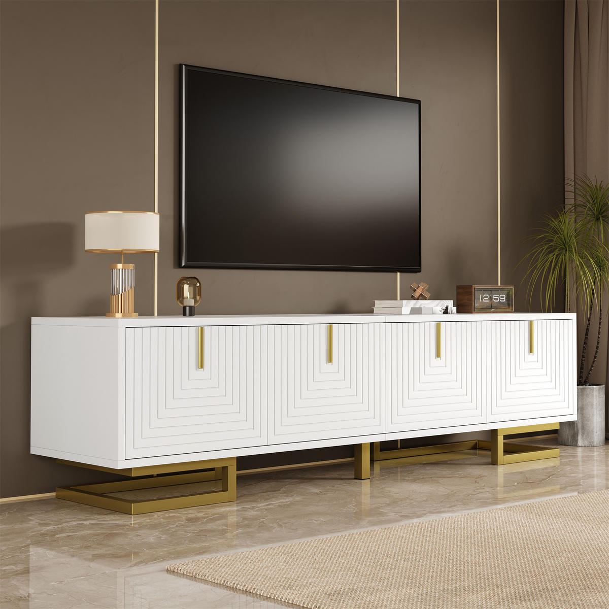 TV-ELEMENT160X38X44,5CM Weiß Lowboard Mit Strukturierten Türen Und Gold Beinen - Weiß, Holz (47.12/25.78/93.35cm) - Raelunyi