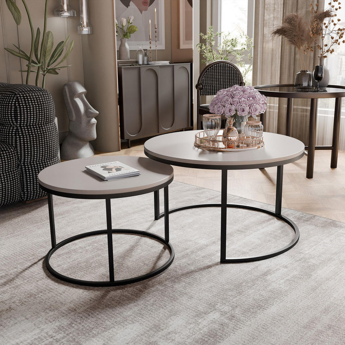 LAVO Couchtisch rund 2-in-1, Kaschmir - Kaschmir/Schwarz, Metall (70/70/48cm) - Idohome