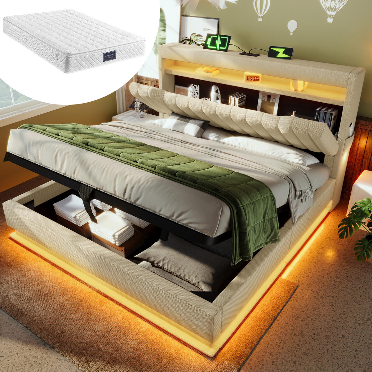POLSTERBETT 160/200 cm mit Bettkasten, LED-Beleuchtung und gepolstertem Kopfteil - Beige, Textil (160/200cm) - BEAOK