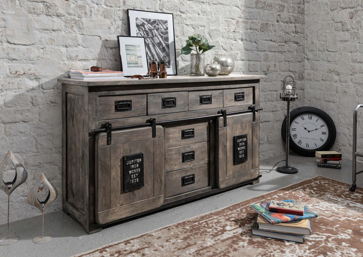 SIDEBOARD Mango 150x45x90 grau lackiert RAILWAY #219 - Grau, Holz (150/90/45cm) - Massivmoebel24
