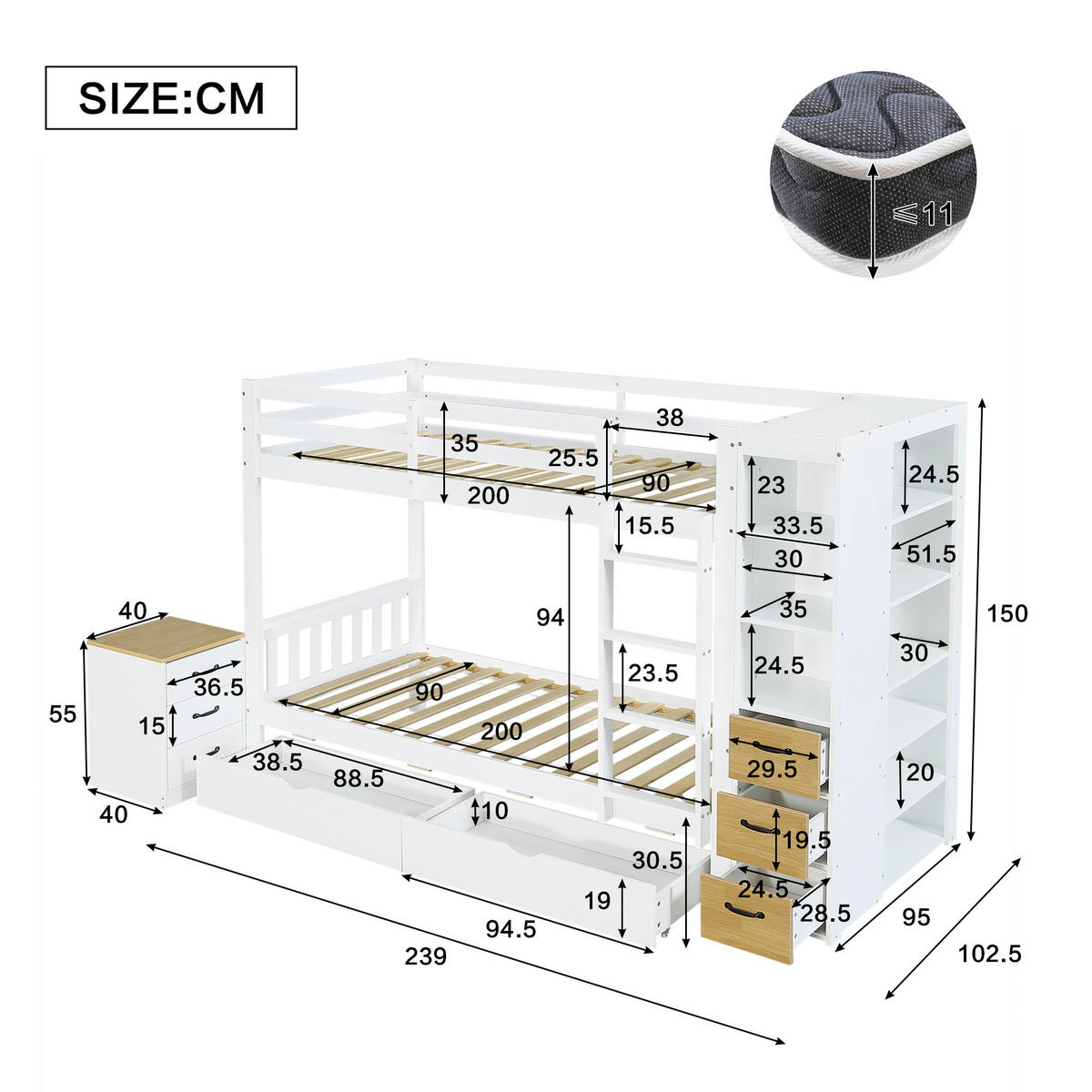 ETAGENBETT 90/200 cm mit 2 Bettkästen und Stauraumregal, DE-41776, in Weiß/Natur - Weiß, Holzwerkstoff (90/200cm) - ComfortXL