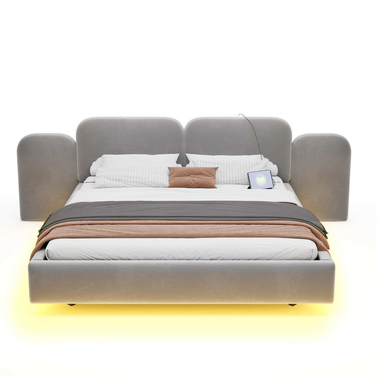POLSTERBETT 180/200 mit Bettkasten, LED und Ladeanschluss in Grau - Beige/Grau, Holzwerkstoff/Textil (180/200cm) - EVRYAE