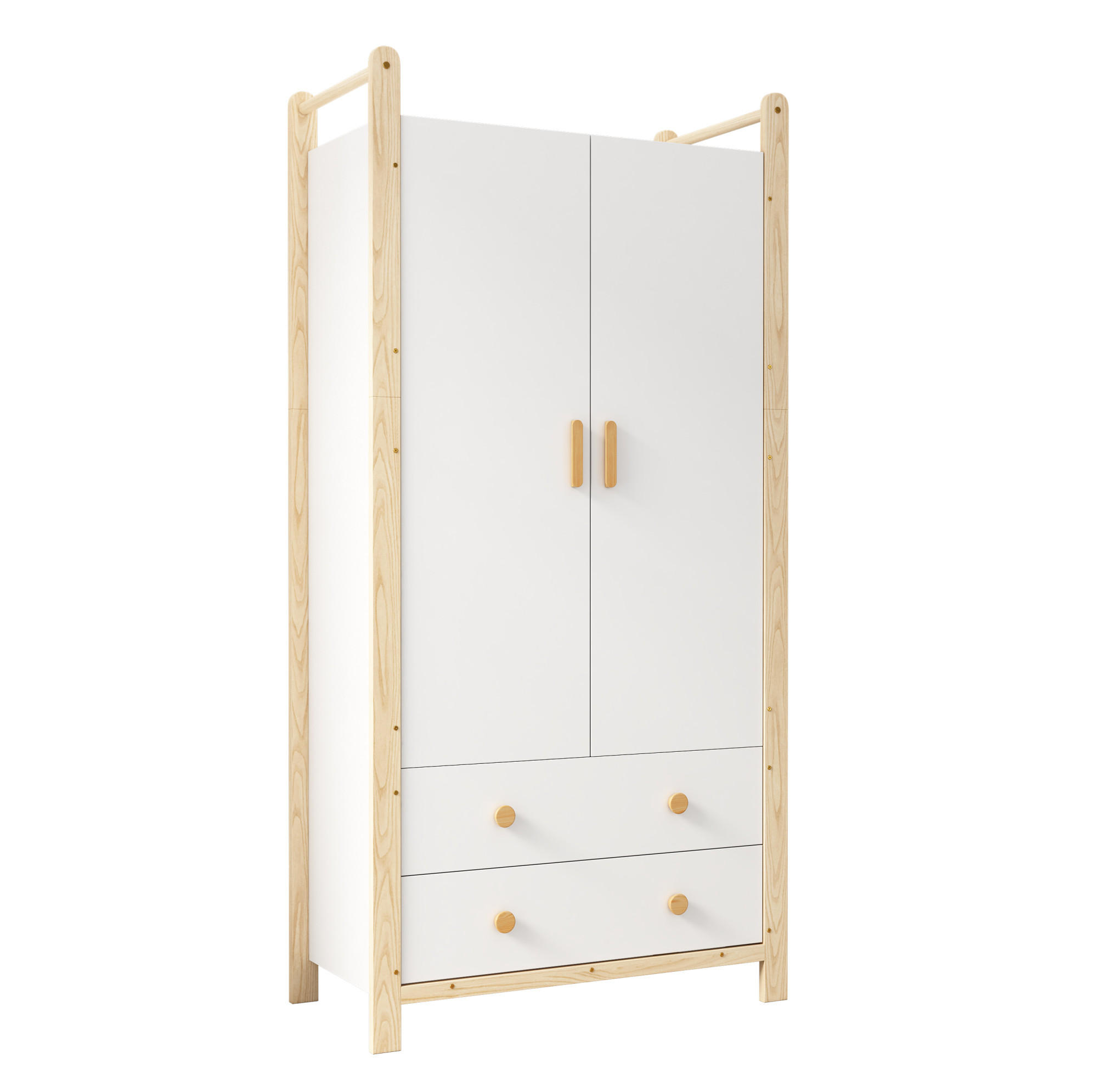KLEIDERSCHRANK 2-türig 89,6/44/180,5 cm mit 2 Schubladen in Weiß/Kiefer - Weiß, Holzwerkstoff (89.6/180.5/44cm) - BEAOK
