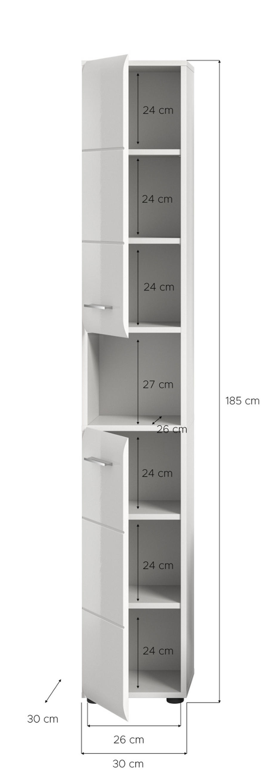 HOCHSCHRANK weiß Hochglanz, Badschrank 30 cm mit viel Stauraum - Weiß Hochglanz/Silberfarben, Holzwerkstoff/Kunststoff (30/185/30cm) - Inn.Furn