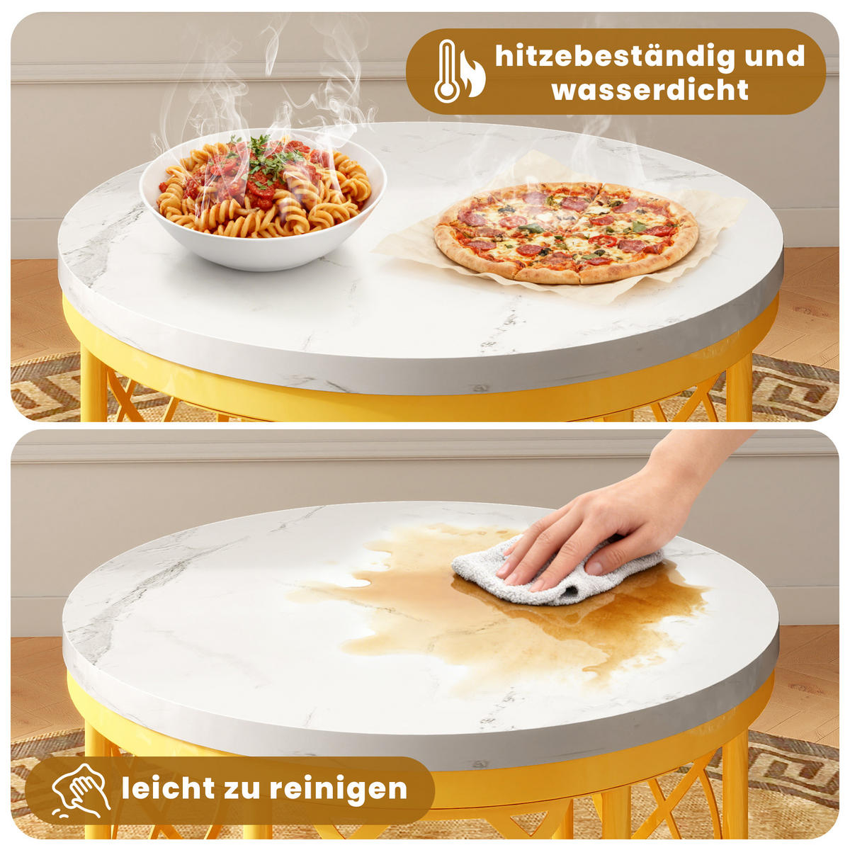 COUCHTISCH-SET mit Marmoroptik, Nesting Tische rund,Beistelltisch Metallgestell 70/70/45 cm + 45/45/37 cm, Weiß und Gold - Weiß, Holzwerkstoff (70/70/45cm) - Redom