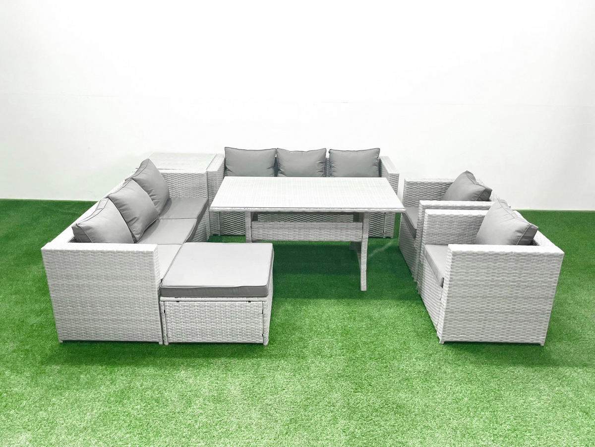 GARTENMÖBEL SET mit 3-Sitzer-Sofa und 2 Stühle, Esstisch,Beistelltisch,Großer Fußhocker Polyrattan Hellgrau 9-Sitzer - Hellgrau/Grau, Glas/Kunststoff - Fimous