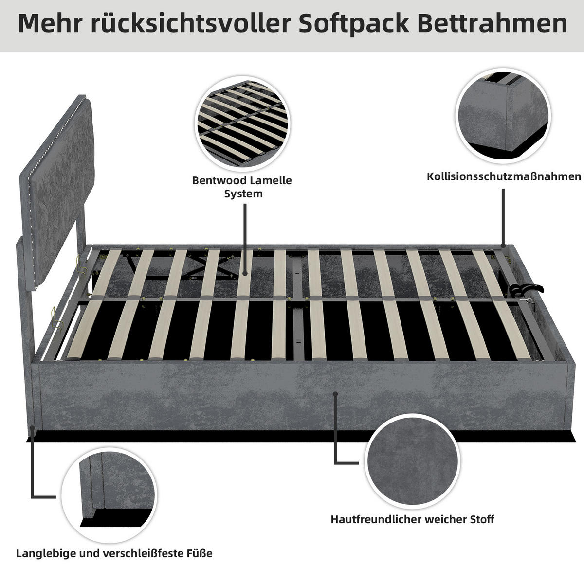 POLSTERBETT 140/200 cm mit hohem Kopfteil, Holzlattenrost und Stauraum unter dem Bett, Grau - Grau, Textil (140/200cm) - Redom