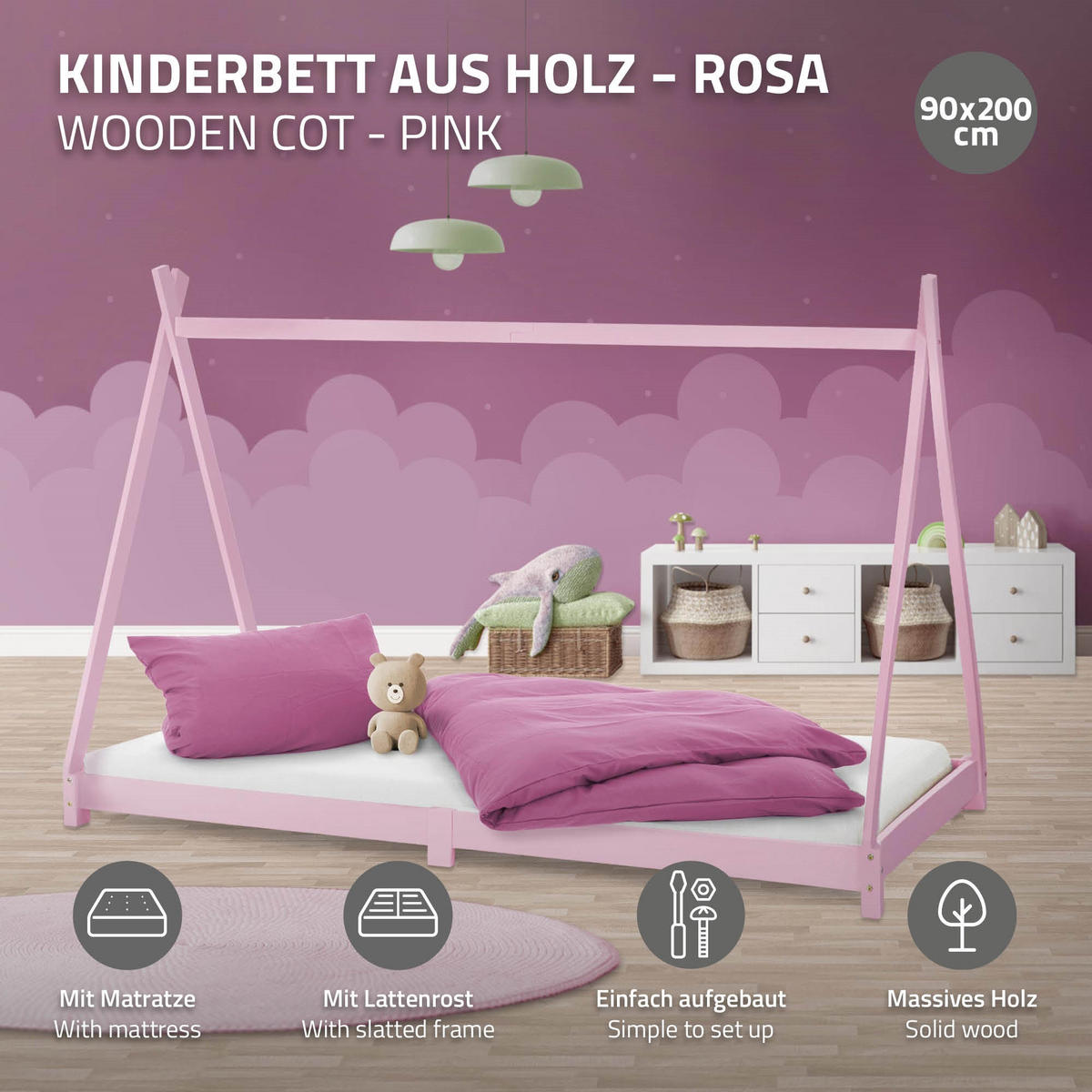 KINDERBETT Tipi mit Matratze 90x200 cm Rosa - Pink, Holz (90/200cm) - ML-DESIGN