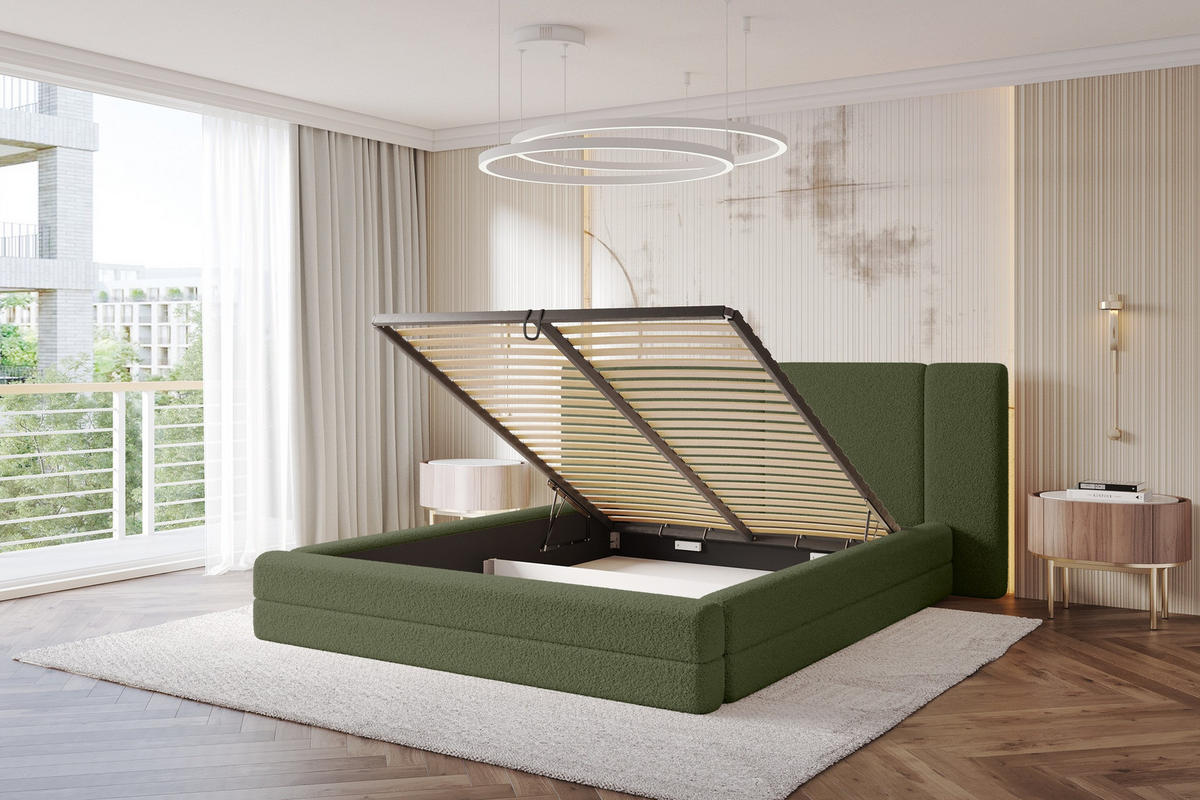 POLSTERBETT mit Bettkasten und Lattenrost, Bett mit Matratze H3/H4 - TEVO 200x200 Grün - Olivgrün, Holzwerkstoff/Textil (200/200cm) - ALTDECOR
