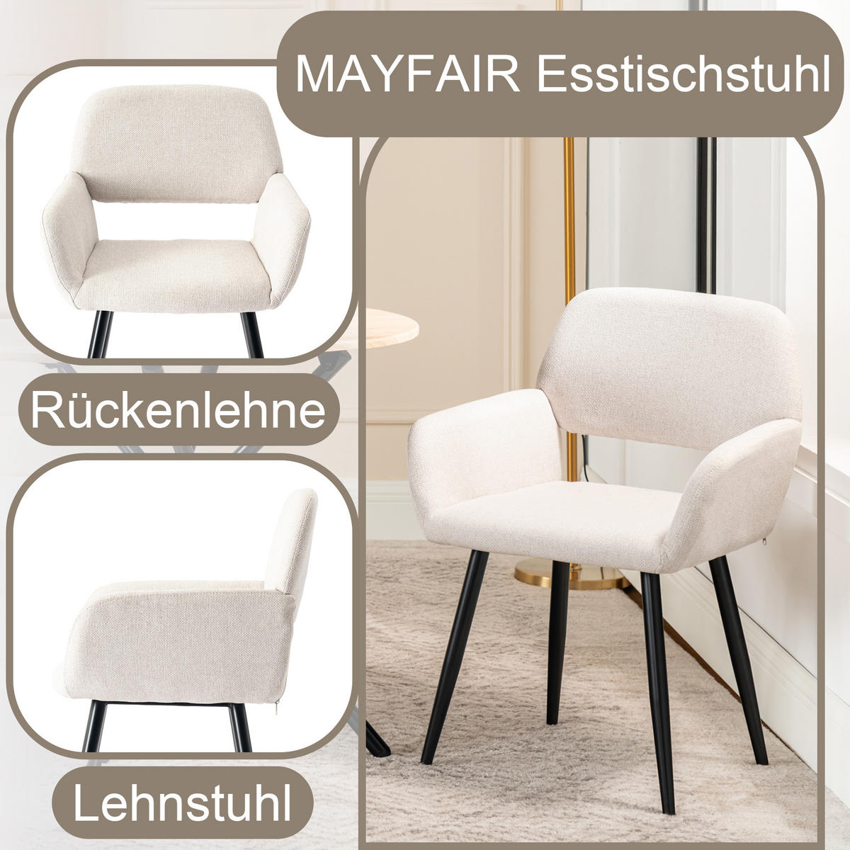 ARMLEHNSTUHL-SET 6 Stück beige - Beige, Holzwerkstoff/Textil (56/76.5/53cm) - Urban Meuble