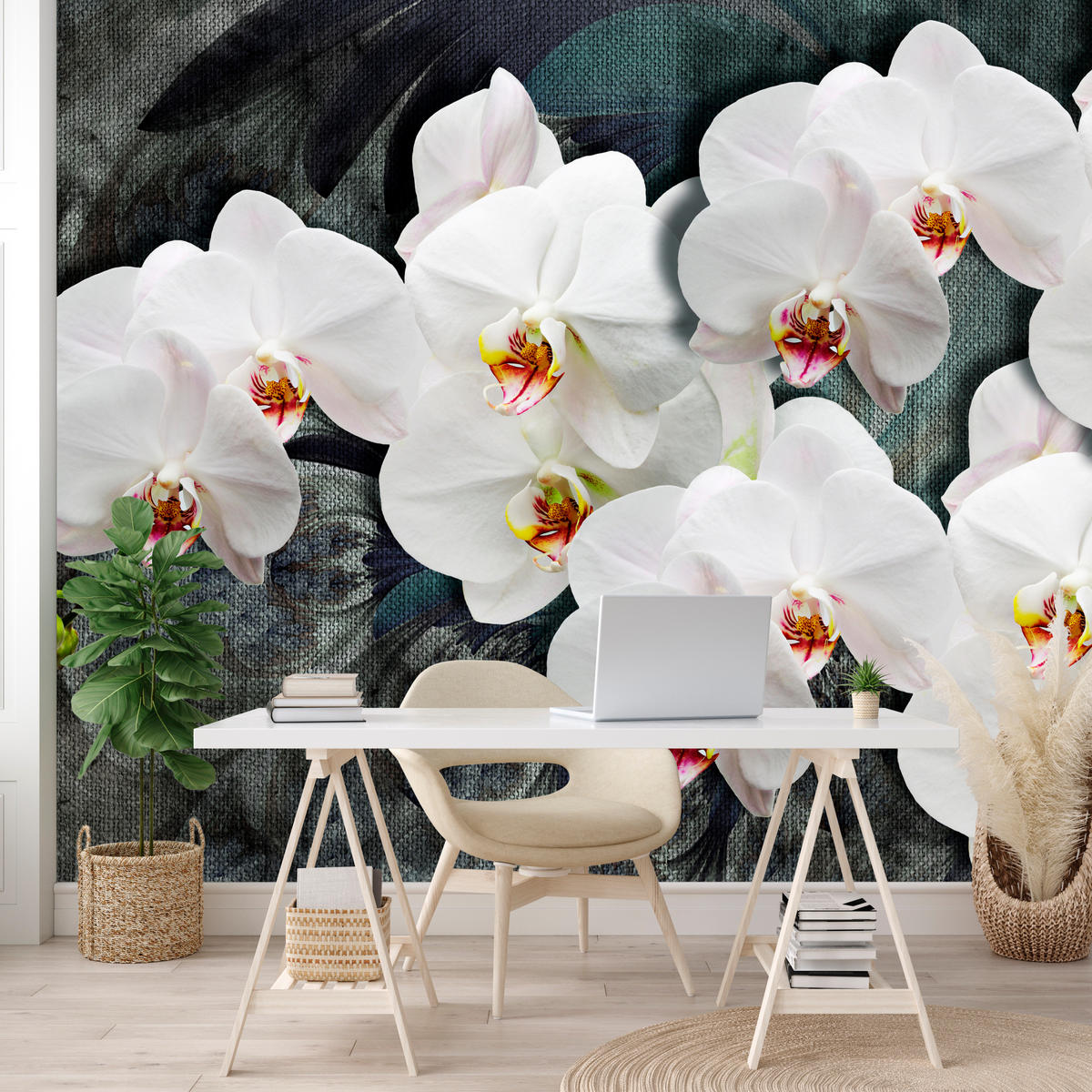 FOTOTAPETA Pre Spálňu Biele Orchidey Rustikálne Pozadie Florálna 300 x 210 cm - sivá/biela, papier (300/210cm) - Muralo