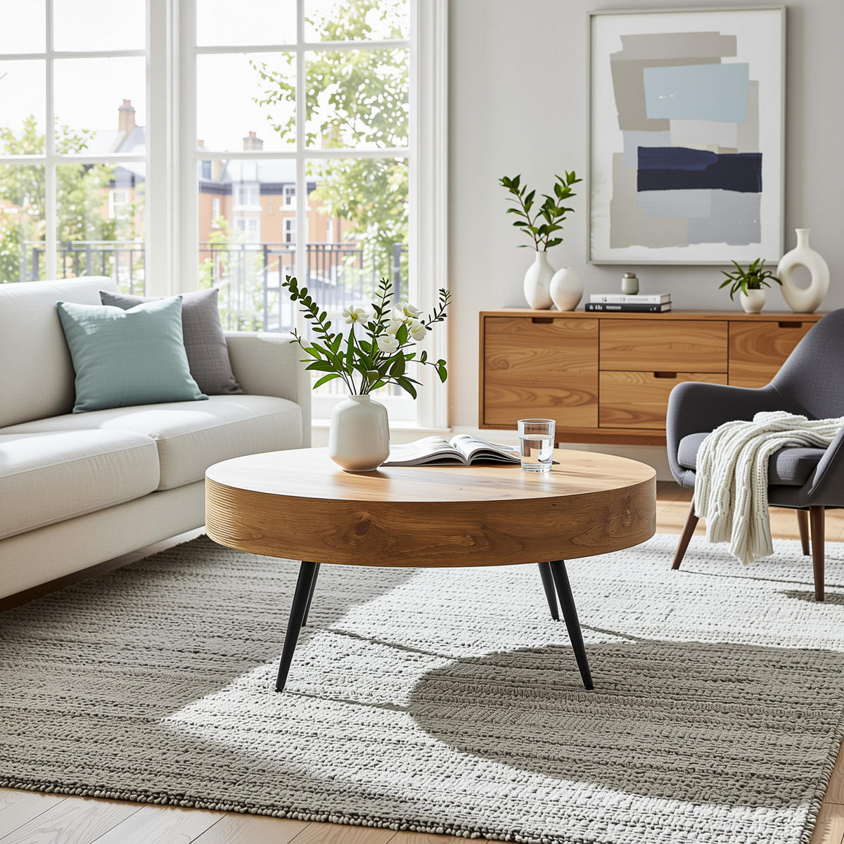 COUCHTISCH holzoptik rund metallbeine kompakt - Naturfarben, Holzwerkstoff (70/70/35.5cm) - Urban Meuble