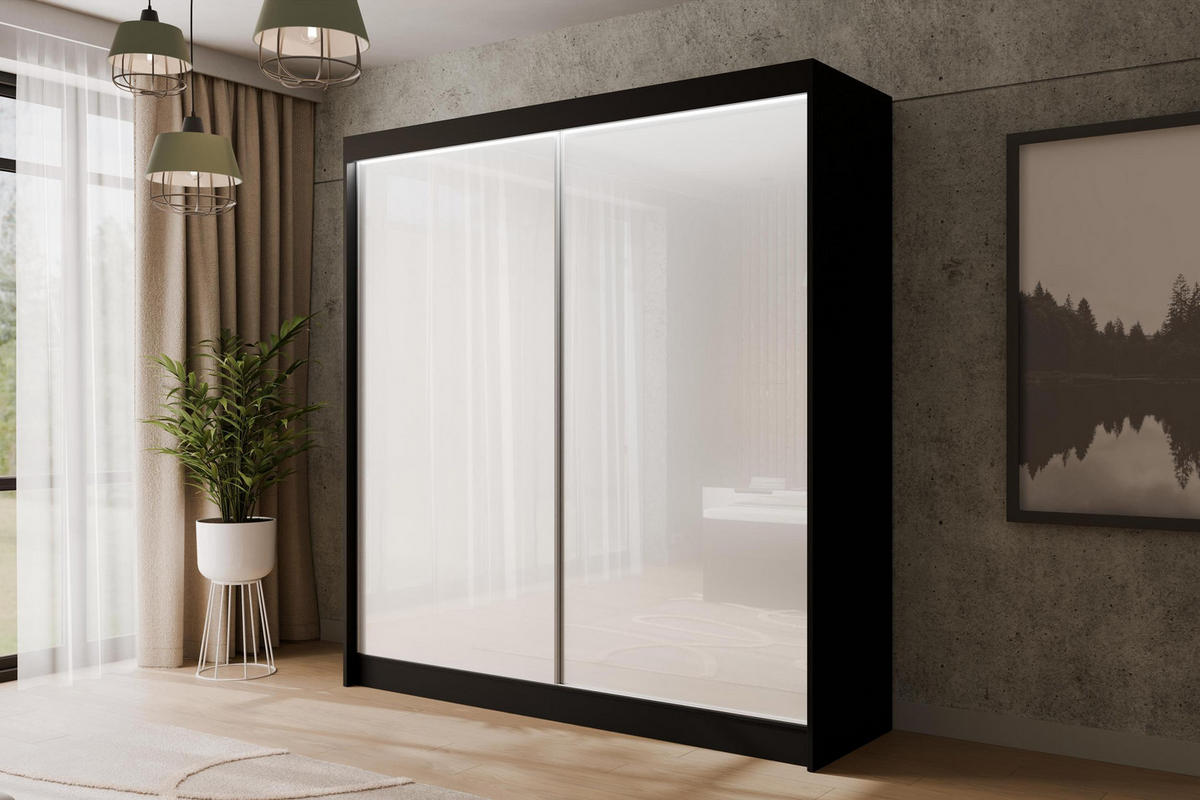 KLEIDERSCHRANK PEKA mit LED - 200 cm - Schwarz|Weiß - Schwarz/Weiß, Holzwerkstoff (200/215/61cm) - ALTDECOR