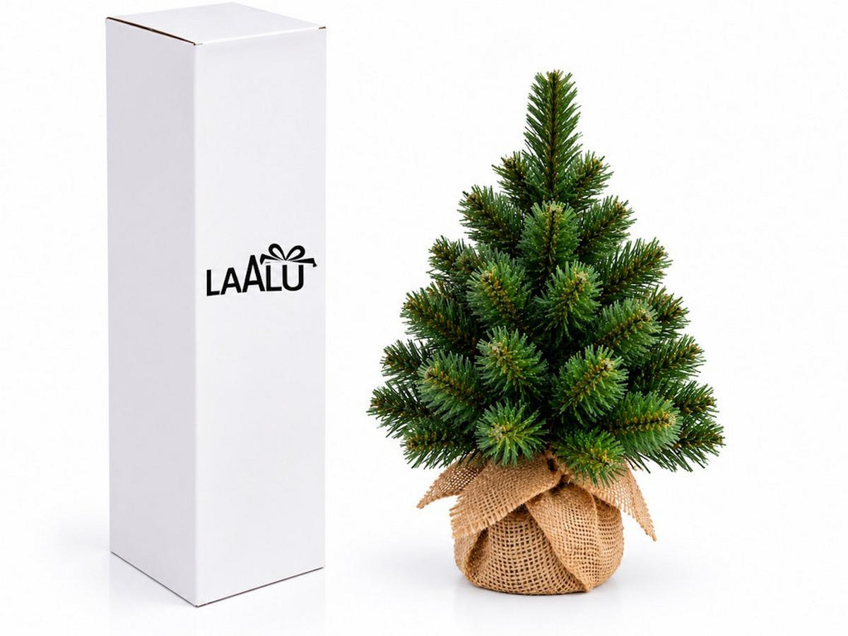 WEIHNACHTSBAUM künstlicher NARNIE 25 cm, grün, 2D, 21 Zweige, inkl. Pflanztopf mit Jutesack - Grün, Kunststoff/Stein (18/25cm) - LAALU