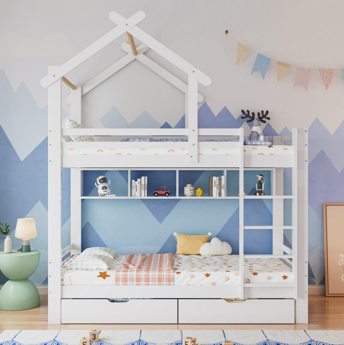 HAUSBETT 90/200 cm Weiß mit Stauraum und Regal aus Kiefer massiv - Weiß, Holzwerkstoff (90/200cm) - Flora Grace