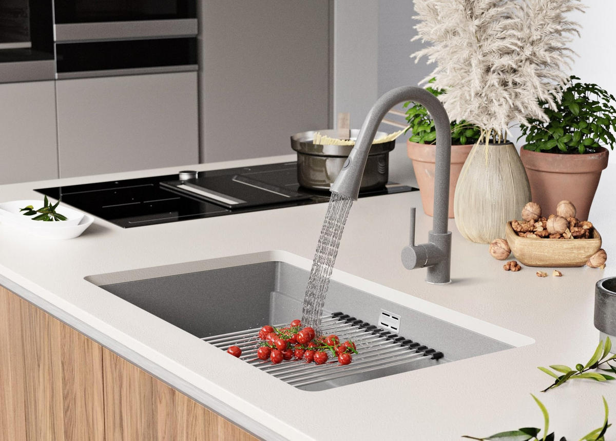 UNTERBAUSPÜLE GRANIT Praga, 2-er set Grau 76/47 cm 1 Becken + Ablauf-Set + Aufrollbare Abtropffläche ab 80er Unterschrank - Chromfarben/Grau, Kunststoff (76/20/47cm) - Primagran