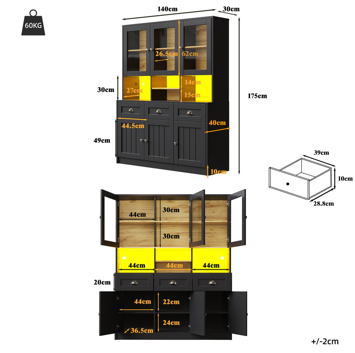 KÜCHENSCHRANK mit LED 140 x 40 x 175 cm MDF Schwarz - Schwarz, Holzwerkstoff (40/175/140cm) - Meubliv