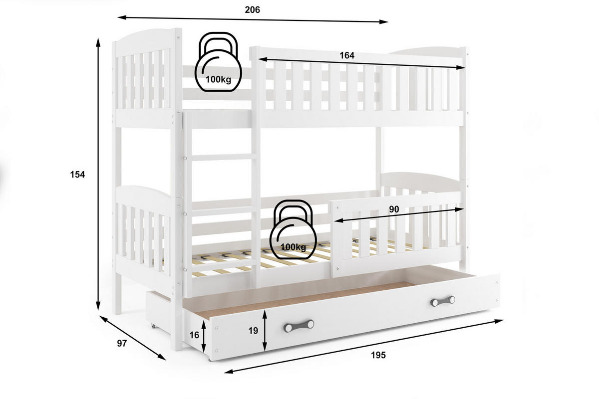 ETAGENBETT JAKOB mit Lattenrost - Weiß, Holz (90/200cm) - Interbeds