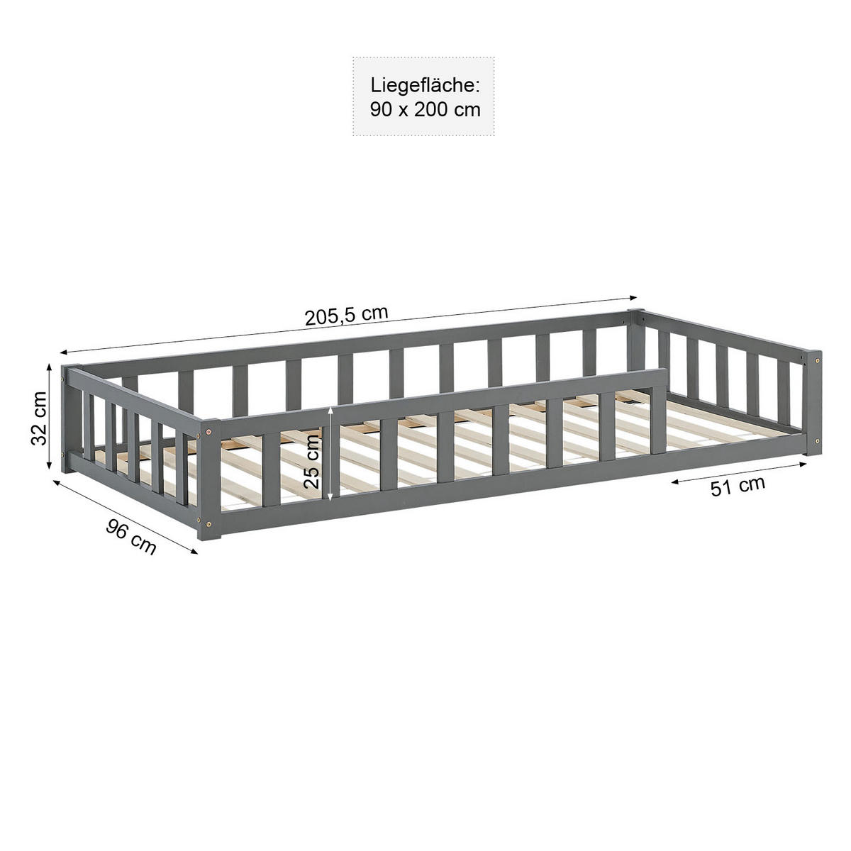 BODENBETT Grau 90x200 cm mit Lattenrost Kind - Grau, Holz (90/200cm) - Homestyle4u
