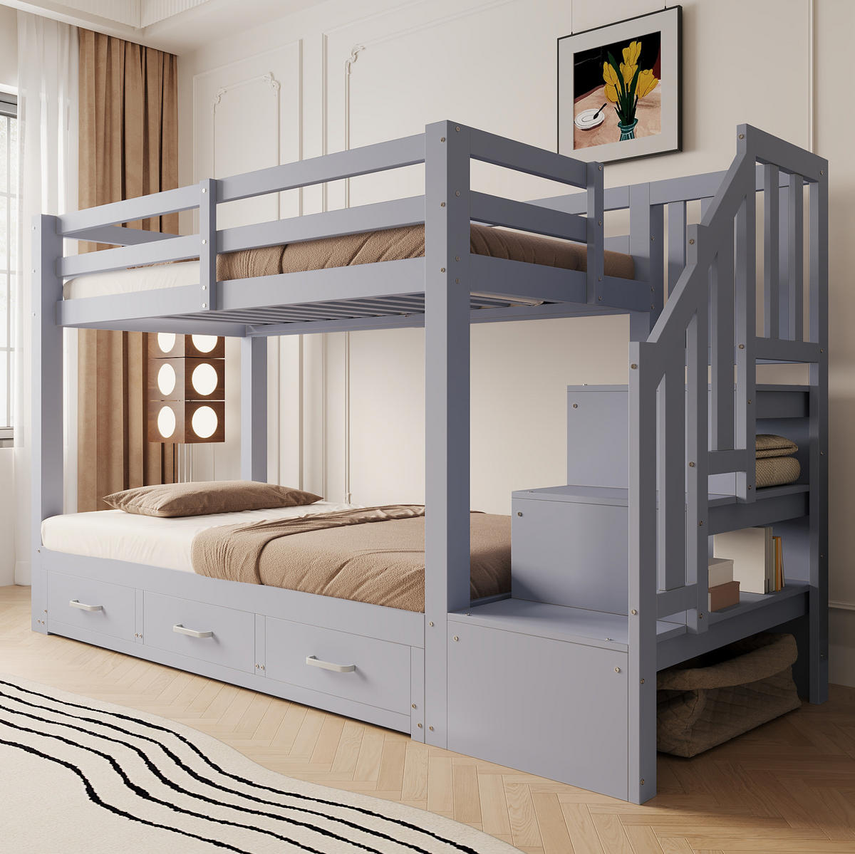 ETAGENBETT 180/200 cm grau aus Holz mit Ausziehbett - Grau, Holzwerkstoff (90/200cm) - OKWISH