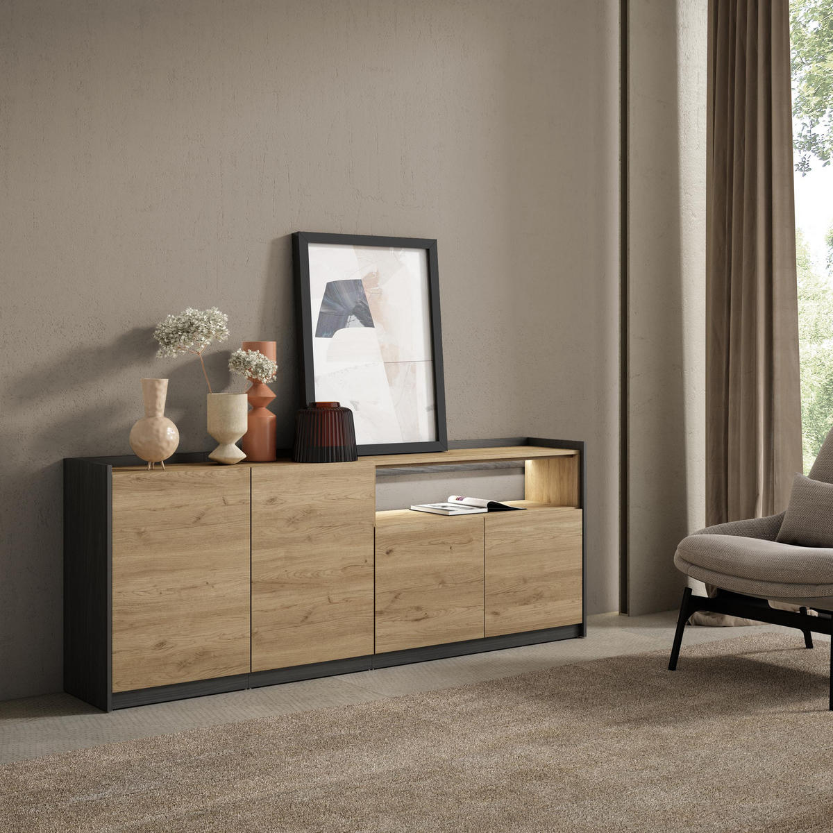 SIDEBOARD, Eiche und Schwarz, 207/37/80cm, mit Led - Eichefarben, Holzwerkstoff (207/80/37cm) - Skraut Home