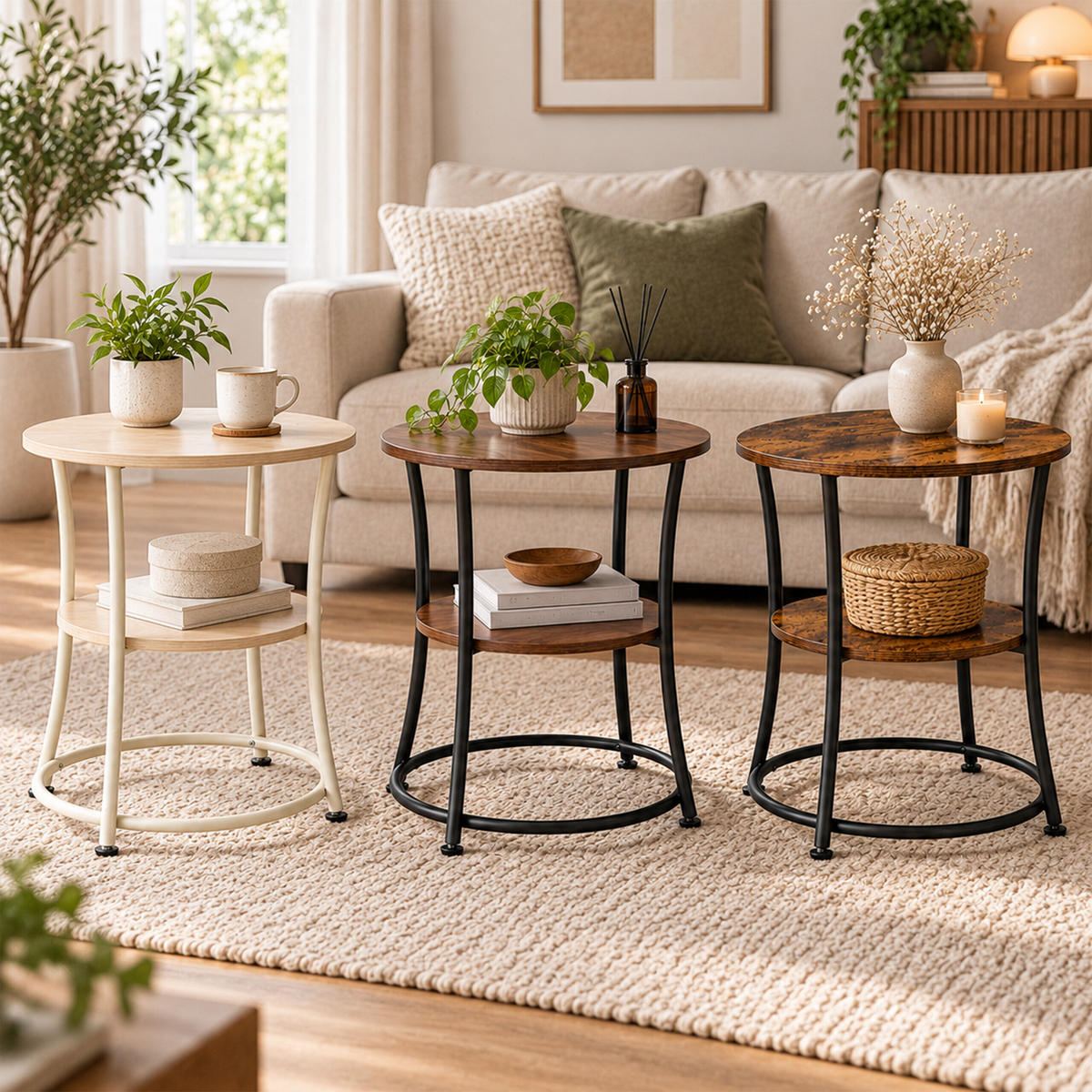 MASĂ maro negru rotundă 2 rafturi 55x55 cm - maro, compozit lemnos/metal (55/55/55cm) - Relaxdays