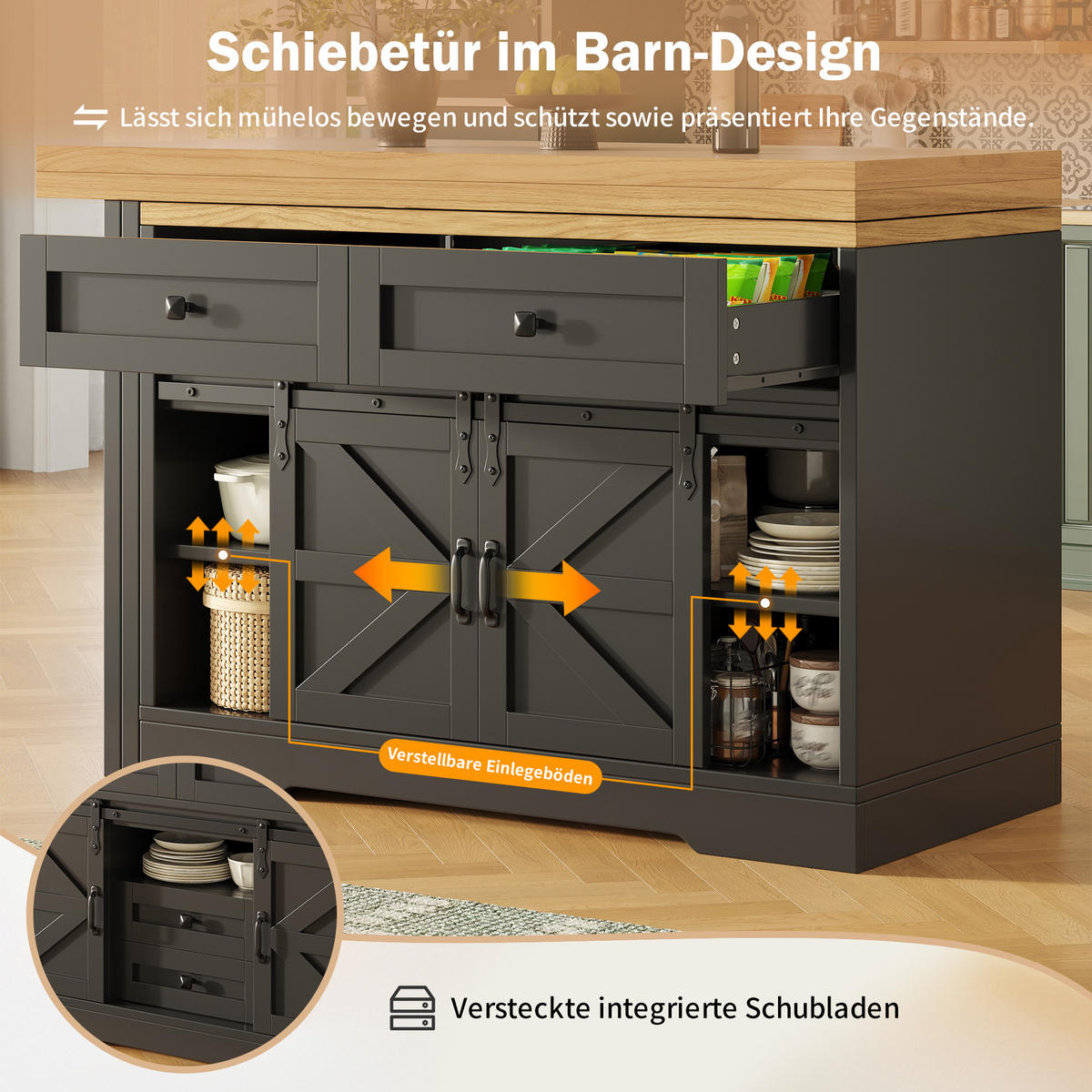 KÜCHENINSEL Drehbar Stauraum Modern - Schwarz, Holzwerkstoff (120/72/40cm) - FLIEKS