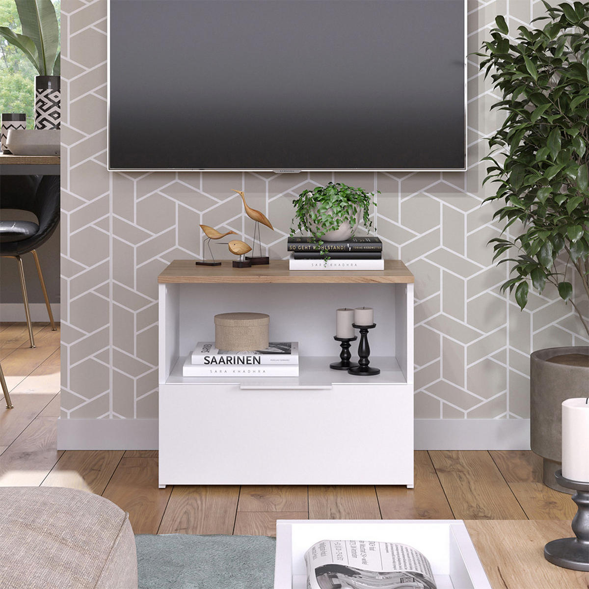 KOMMODE Wido Weiß/Sonoma 60 x 50 cm mit klappe - Weiß, Holzwerkstoff (60/50/40cm) - Vicco
